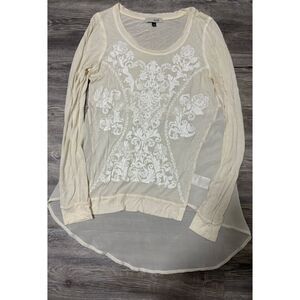 MNK Tunic M Cream Sheer Long Sleeve White Floral Applique Cottagecore Bohochic